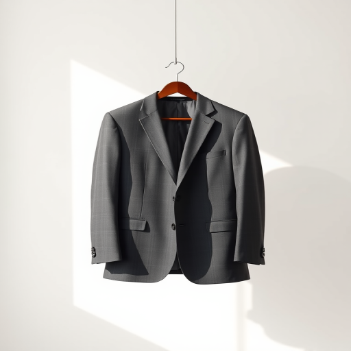 Create a high-resolution illustration of a suit jacket hanging on a hanger, with a clean and minimalist background, shot in soft natural light, using a Canon EOS R5 at f/2.8, ISO 100, and a 35mm lens from a straight-on angle to enhance color vibrancy and detail.