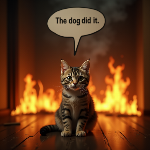 Photorealistic image of an innocent-looking cat sitting calmly in the middle of a burning room. Flames engulf the room, with fire licking up the walls and smoke filling the air. The cat is sitting on the floor, looking directly at the viewer with wide, innocent eyes. Above the cat, a speech bubble says "The dog did it". The contrast between the cat's calm demeanor and the chaos around it creates a humorous and surreal scene.