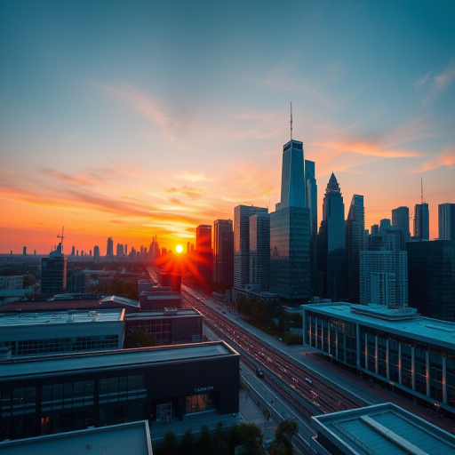 Generate a high-quality image of a modern city skyline at sunset, captured with a Canon EOS R5, 24mm lens, f/8 aperture, ISO 100, long exposure of 5 seconds, wide-angle view in vibrant colors and high dynamic range.