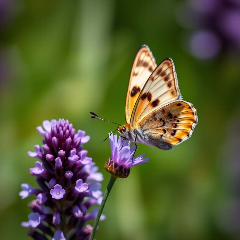macro shot of a butterfly perched on a purple flower with a blurred green background, using a Canon EOS 90D camera with a 100mm f/2.8 macro lens, aperture set to f/4, shutter speed 1/200 sec, ISO 200, natural lighting for enhanced color vibrancy and detail.