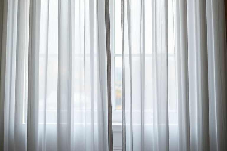 Create a high-resolution image of a sheer silver curtain draped elegantly, captured with a Canon EOS R5, using a 50mm f/1.2 lens, aperture set to f/2.8, ISO 100, natural light from a window, with a soft focus background for depth.