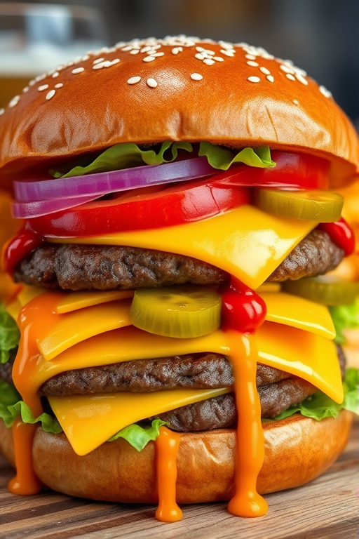 High-resolution, close-up image of a gourmet double cheeseburger. The burger features a glossy, sesame-seed-topped brioche bun. Inside, there are two thick, juicy beef patties, each topped with melted cheddar cheese. The burger is garnished with fresh lettuce, tomato slices, diced onions, and pickles. A generous amount of ketchup and a creamy, orange-colored sauce is dripping down the sides, adding to the mouth-watering appeal. In the background, there are blurred elements including a side of golden French fries and a hint of a beverage, enhancing the overall presentation of a delicious meal.