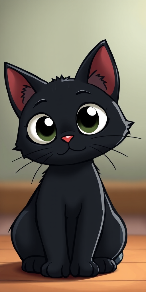 Create a high-resolution image of a cartoon-style black cat with large white eyes sitting down, using a Canon EOS R5 with a 50mm f/1.2 lens, aperture set to f/2.8, ISO 100, with a soft focus background for enhanced depth.