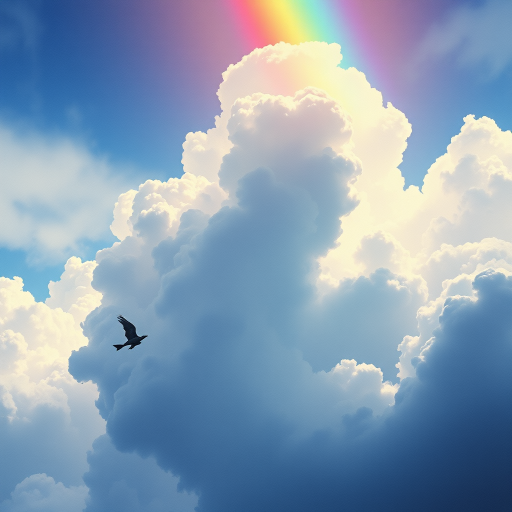 A whimsical and surreal sky with a vibrant rainbow, featuring dramatic lighting effects and a textured watercolor background, with a touch of gothic aesthetic.