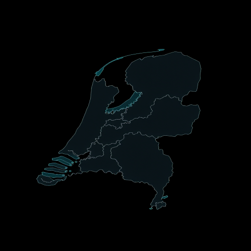 Create a high-resolution vector map of the Netherlands with clear outlines of regions, using a flat design style, captured in a 50mm lens equivalent perspective, with a shallow depth of field and vibrant teal color on a black background.