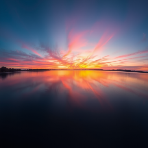 Create a high-resolution image of a serene sunset over a calm lake with vibrant colors, captured at f/8, ISO 200, 1/60 sec, using a DSLR camera, wide-angle lens, panoramic view, and soft focus style.