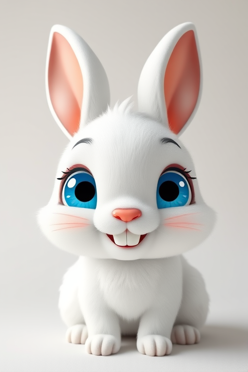 Create an adorable cartoon white rabbit with large blue eyes and a cute smile the rabbit should have fluffy fur and prominent front teeth the background should be simple and light to emphasize the rabbit's features