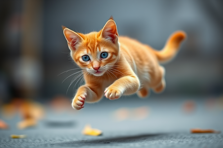 Regenerate an image of a playful orange cat mid-leap with bright blue eyes, using a DSLR camera with a 50mm lens, f/2.8 aperture, ISO 100, and a shallow depth of field for a soft background, capturing a dynamic and vibrant scene.