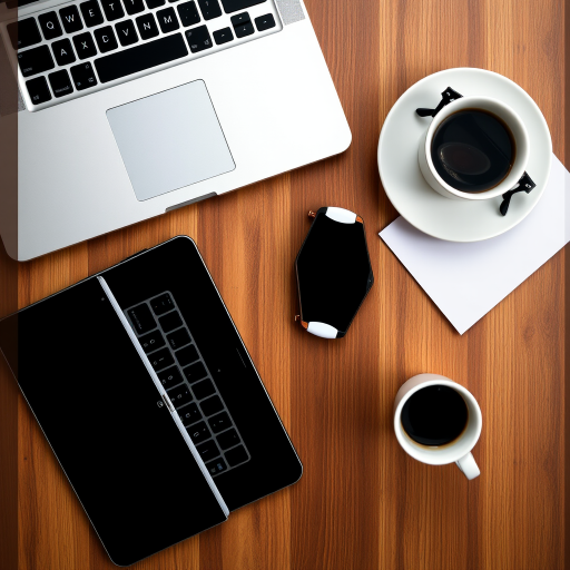 aerial view of a laptop, tablet, smartphone, sunglasses, and coffee cup on a wooden desk, high resolution, f/2.8 aperture, ISO 100, 1/60 sec shutter speed, 24mm lens, DSLR camera