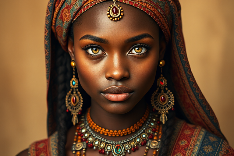 Create a portrait of a beautiful Mulatto woman with striking Yellow eyes and a gentle expression. She is adorned in traditional attire with intricate patterns, including a richly embroidered headscarf and matching garments. Her jewelry includes a delicate headpiece, dangling earrings, and ornate bracelets, all featuring vibrant gemstones and detailed metalwork. The background is soft and warm, enhancing the rich colors of her outfit and jewelry.