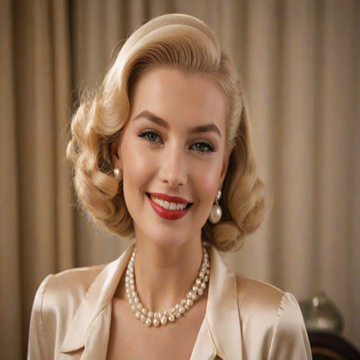 A beautiful woman reminiscent of 1950s Hollywood glamour, with perfectly styled blonde hair and a seductive smile, dressed in a satin blouse and adorned with pearls, soft and warm tones, photorealistic, 8K