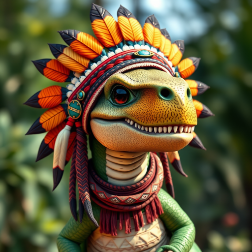 Create a detailed illustration of a cute dinosaur character wearing a Native American headdress and traditional attire, using a Canon EOS R5 camera with a 50mm f/1.2 lens, aperture set to f/2.8, ISO 100, capturing in natural light with a focus on vibrant colors and intricate details in the clothing and headdress.