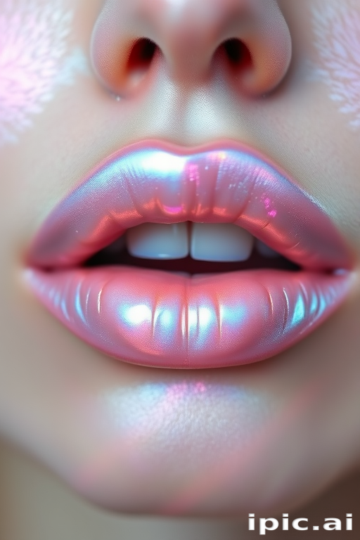 Ethereal iridescent lips shimmer with pearlescent hues, transforming from pale pink to soft blue depending on the angle of view