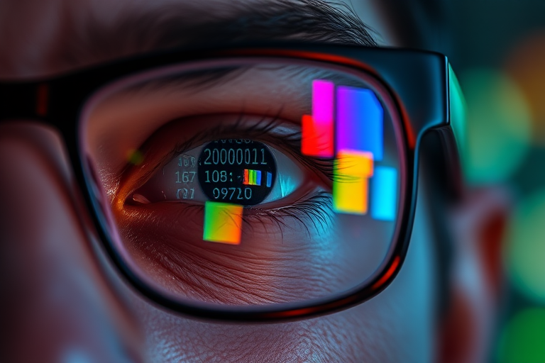 Close-up shot of a person's eye wearing glasses reflecting digital code and vibrant colorful lights, shot with a Canon EOS R6, 50mm lens, aperture f/1.8, ISO 100, shutter speed 1/250s, portrait mode with a shallow depth of field to enhance background blur.