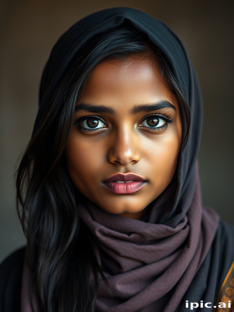 Create a portrait of a young Sri Lankan woman with long, dark hair and captivating hazel eyes. She is wearing a dark headscarf and a matching scarf draped gracefully around her neck. The background is softly blurred, focusing attention on her serene and natural expression. The overall color palette is muted and warm, enhancing the intimate and authentic feel of the portrait.