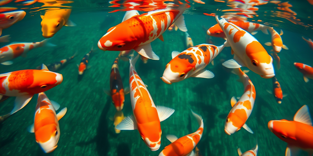 A vibrant underwater scene of koi fish swimming in clear water, close-up view, taken with a Canon EOS R5 at f/2.8, ISO 100, 1/250s, natural light, wide-angle lens.
