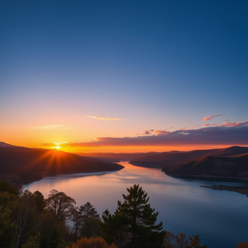 Generate an image of a serene landscape at sunset, featuring rolling hills, a calm lake reflecting the sky, and trees in the foreground, shot with a Canon EOS R5, 24mm lens, f/8 aperture, 1/200s shutter speed, ISO 100, in landscape orientation for vibrant colors and sharp details.