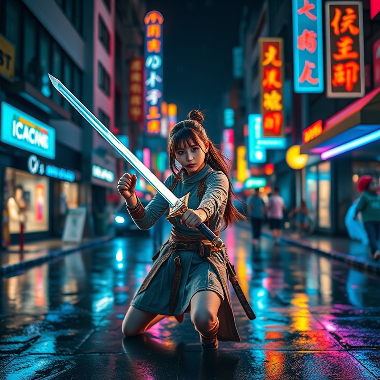 Create a vibrant street scene at night featuring a young female warrior wielding two glowing swords in a rain-soaked urban environment with colorful neon signs reflecting on the pavement, shot with a full-frame DSLR at f/2.8, ISO 400, 24mm lens, using a shallow depth of field to focus on the character while blurring the background slightly for dramatic effect.