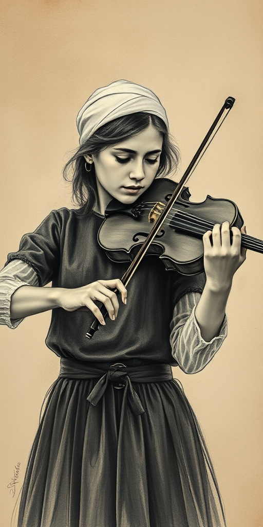 a young Mizrahi woman with a white headband playing a violin, in the style of a charcoal drawing, sepia grunge background