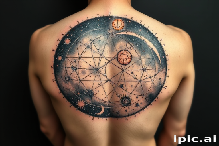 Intricate dotwork tattoo titled "Celestial Cartography" depicting a detailed star map of the night sky, with constellations connected by fine lines and celestial bodies rendered in meticulous stippling, incorporating subtle gradients to suggest depth and cosmic vastness, perfect for a full back piece