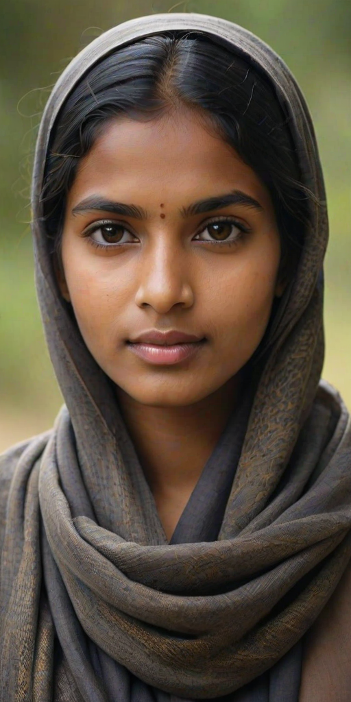 Create a portrait of a young Sri Lankan woman with long, dark hair and captivating hazel eyes. She is wearing a dark headscarf and a matching scarf draped gracefully around her neck. The background is softly blurred, focusing attention on her serene and natural expression. The overall color palette is muted and warm, enhancing the intimate and authentic feel of the portrait.