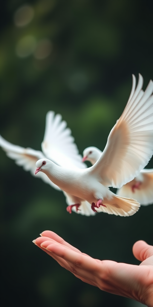 Regenerate the image of two white doves flying near a hand, captured with a DSLR camera, aperture f/2.8, shutter speed 1/500s, ISO 200, with a shallow depth of field and soft bokeh background for enhanced quality.