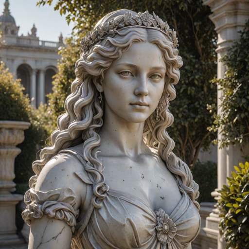 beautiful renaissance princess marble statue decorated with silver ornaments, standing in the sun (marble garden: 1.2), surrounded by topiaries, intricate curly hair, flawless marble skin, (weathered marble texture:1.35), detailed eyes, masterpiece, best quality, intricate details, high detail RAW color photo, very detailed, glorious lighting, cinematic lighting, contrast, bright light, gigapixel, 8k resolution, film, octane rendering, unreal, high definition, 8k uhd, professional lighting, photon mapping, radiosity, physically based rendering, award-winning photography, backlight, Photorealistic, Light particle tracing, vivid color, Obvious layers,Photography Award