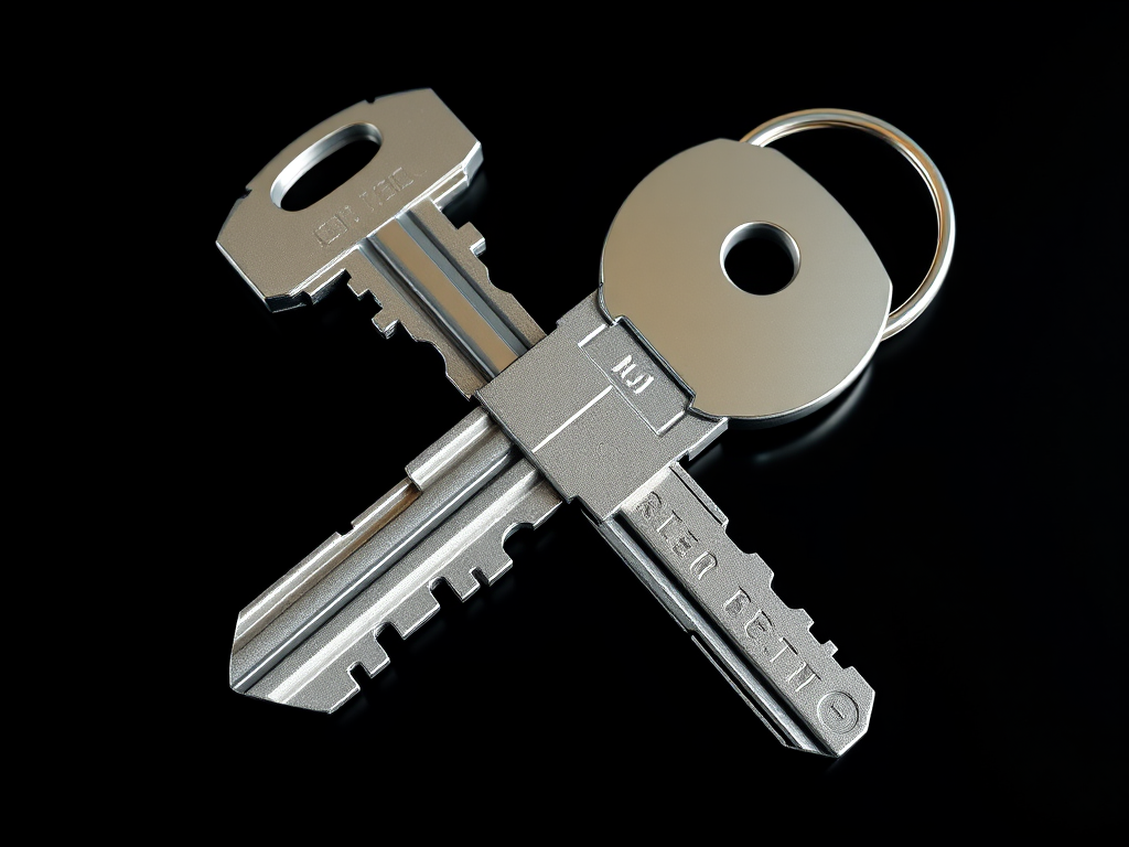 Create a high-resolution 3D render of a metallic key with a shiny silver finish, captured from a top-down view, using a DSLR camera at f/2.8 aperture, 50mm lens, ISO 100, in bright natural light to enhance reflections and details.