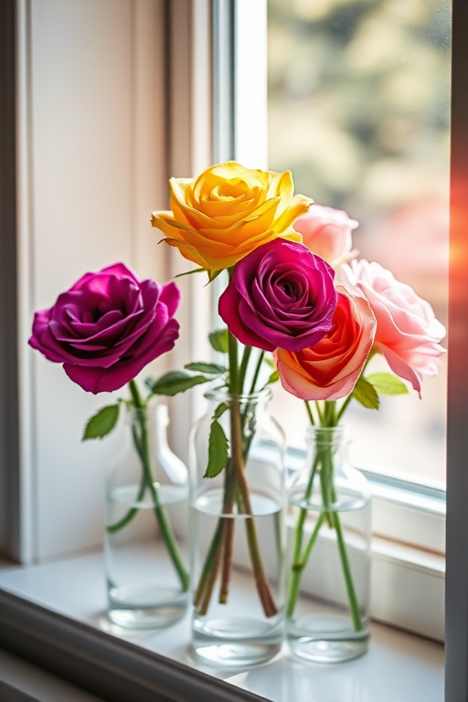 create a vibrant still life of three roses (purple, yellow, pink) in glass vases on a windowsill with sunlight filtering through, using a DSLR camera with a 50mm lens, aperture f/2.8, ISO 200, soft focus style to enhance color and detail.