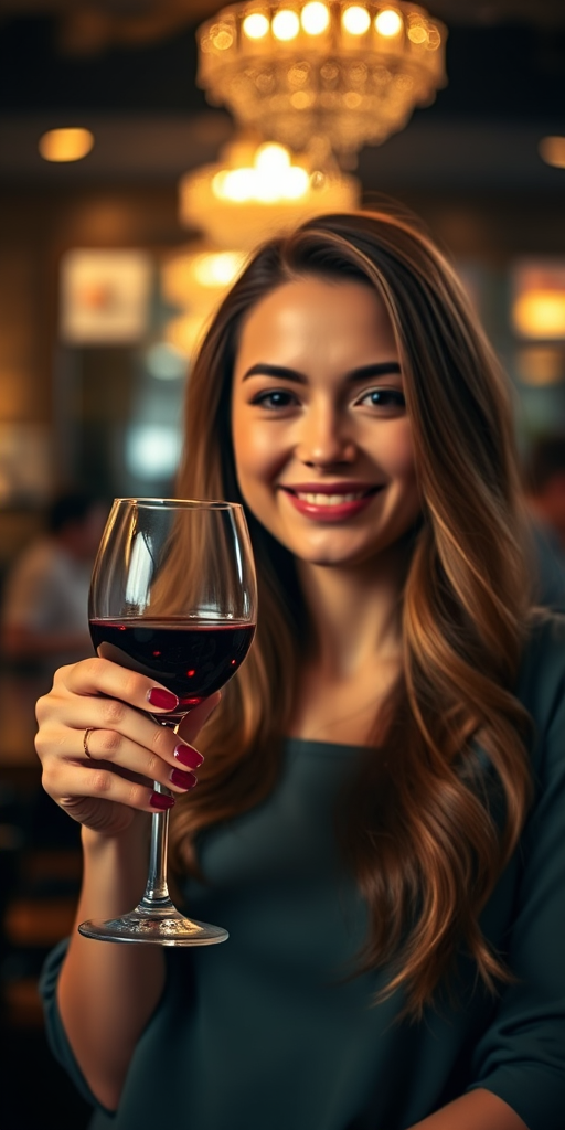 capture a portrait of a young woman holding a glass of red wine in a dimly lit upscale setting with soft bokeh in the background, aperture f/1.8, ISO 200, 85mm lens, natural lighting, DSLR camera