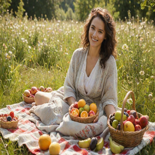 Soft-focus image of a woman enjoying a picnic in a sun-dappled meadow, with a woven blanket spread out, surrounded by a basket of fresh fruits and flowers in full bloom.