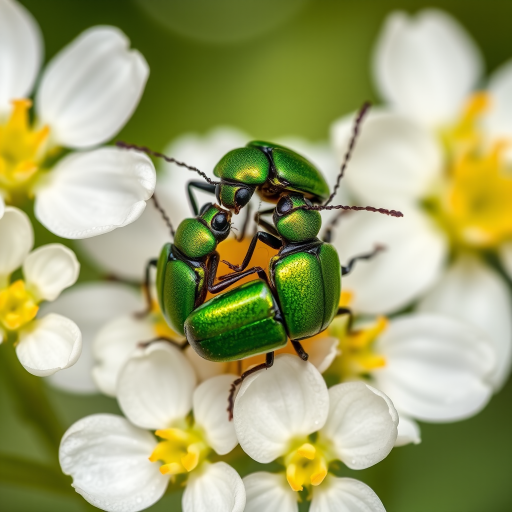 close-up shot of two green beetles mating on white flowers, natural light, f/4 aperture, ISO 100, 1/200 sec shutter speed, macro lens, Canon DSLR, vivid colors, high detail