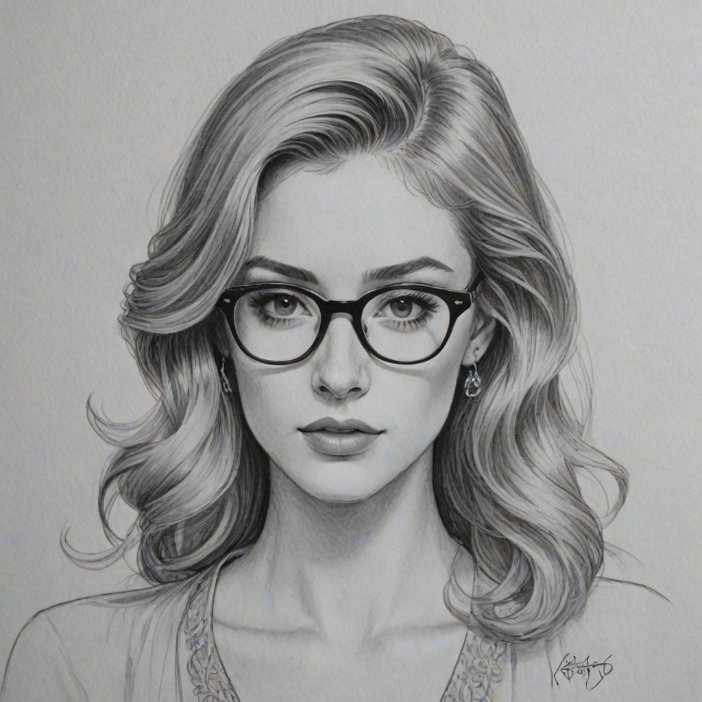 Elegant Katherine McNamara, pencil sketch, portrait of Resplendent woman 1946s in glasses, hair style beatnik, outline, clear lines, fine lines, 8k