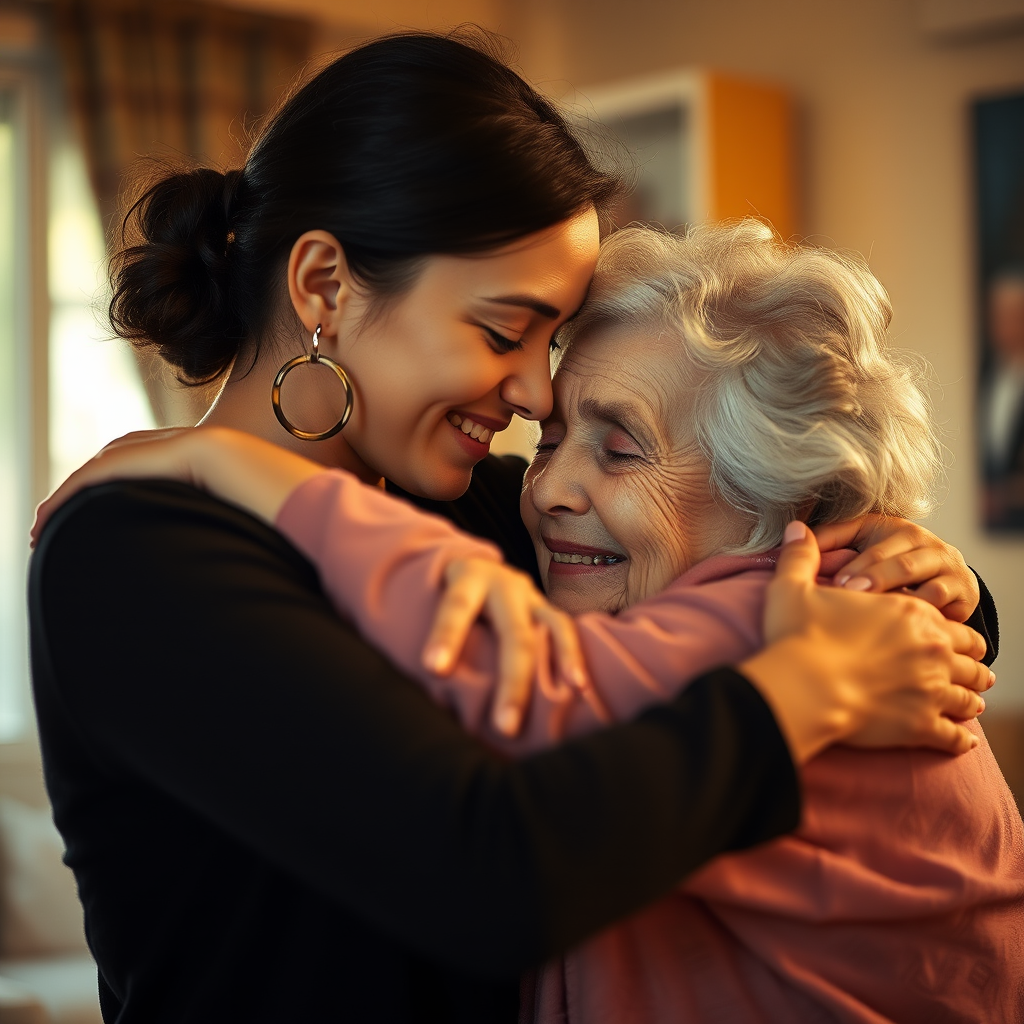An emotional moment between a young woman and an elderly woman hugging, warm indoor lighting, soft focus, aperture f/2.8, ISO 200, 50mm lens, shallow depth of field, natural expression, intimate atmosphere, DSLR camera.