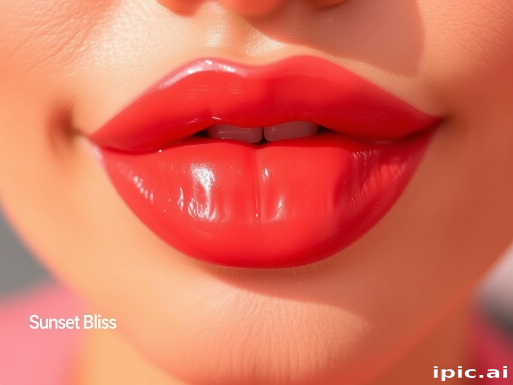 Vibrant coral-hued lips with a glossy finish, dubbed "Sunset Bliss," featuring a subtle ombre effect and a plumping formula for fuller appearance, perfect for summer evenings