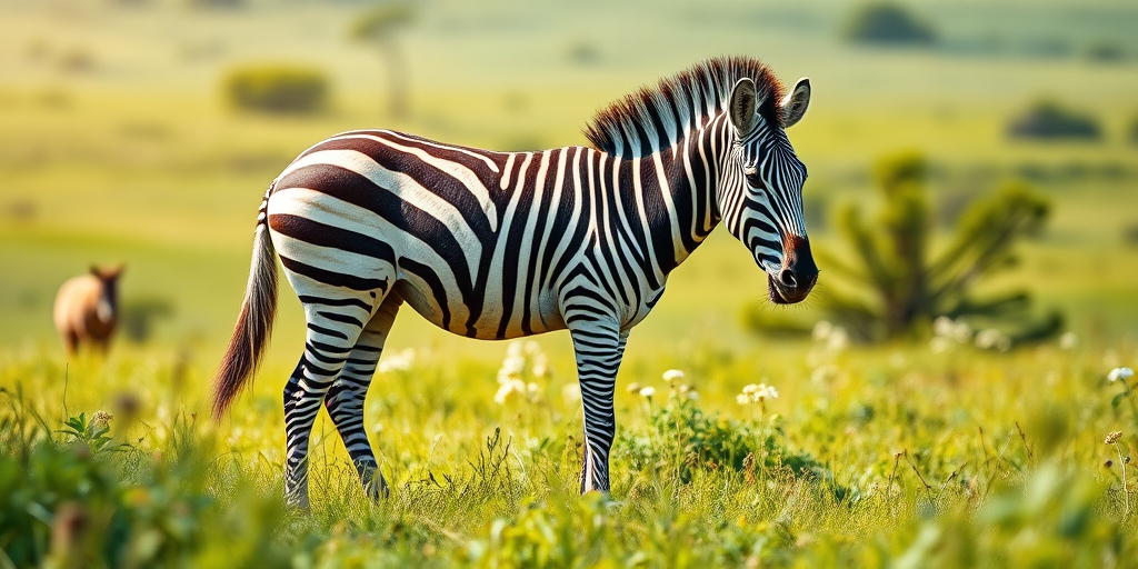 Create a high-resolution digital illustration of a zebra grazing in a lush green savanna, using a DSLR camera with a 50mm lens, f/1.8 aperture, ISO 100, natural sunlight, and a shallow depth of field for a soft background focus.