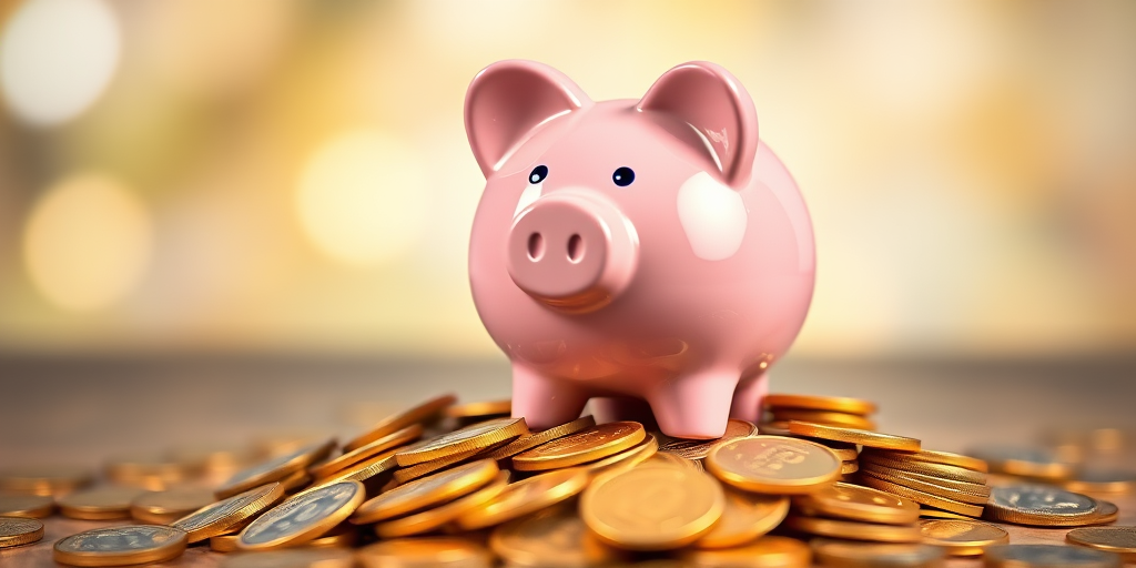 A cheerful pink piggy bank sitting atop a pile of shiny gold coins with a soft bokeh background, captured with a DSLR camera, f/2.8 aperture, 50mm lens, ISO 200, 1/125s shutter speed, with a shallow depth of field and vibrant colors.