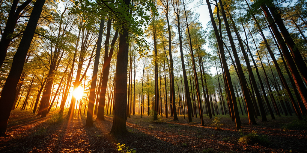 Generate a high-resolution image of a tranquil forest scene during golden hour with soft sunlight filtering through the trees, capturing details of the leaves and ground, shot with a Canon EOS R5 at f/2.8, ISO 200, 1/125 sec, using a wide-angle lens from a low angle perspective for depth.