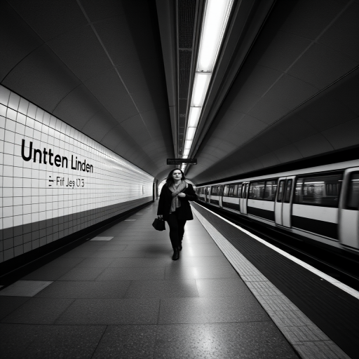 Capture a black and white photo of a subway station platform featuring a woman walking along the platform, with the text "Unter den Linden" visible on the wall, using a DSLR camera, 35mm lens, f/8 aperture, ISO 200, shutter speed 1/125 sec, wide angle view, emphasizing symmetry and minimalism.