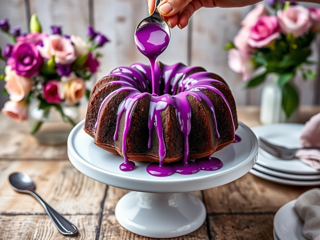 A close-up of a chocolate bundt cake on a white pedestal with vibrant purple glaze dripping down the sides a hand holding a spoon is pouring more glaze from above the background features soft focus flowers and a rustic wooden table setting