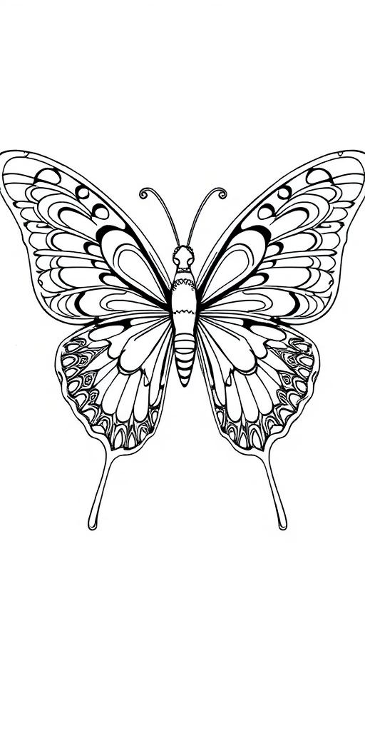Create a detailed black and white illustration of a butterfly featuring intricate patterns on its wings, including varying shapes and sizes. The design should emphasize elegance and balance, with a smooth outline and symmetrical wing structure.