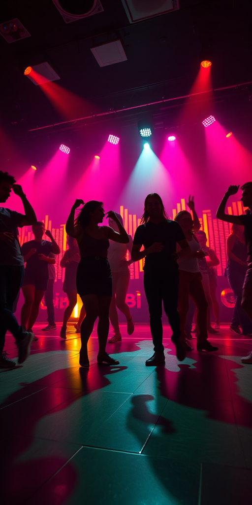 Create a vibrant nightclub scene with dynamic silhouettes of people dancing, colorful sound wave graphics in the background, shot with a Canon EOS R5, 24mm lens, f/2.8 aperture, ISO 800, using a low-angle perspective to emphasize movement and energy, with a long exposure effect to blur the background lights and create a sense of motion.