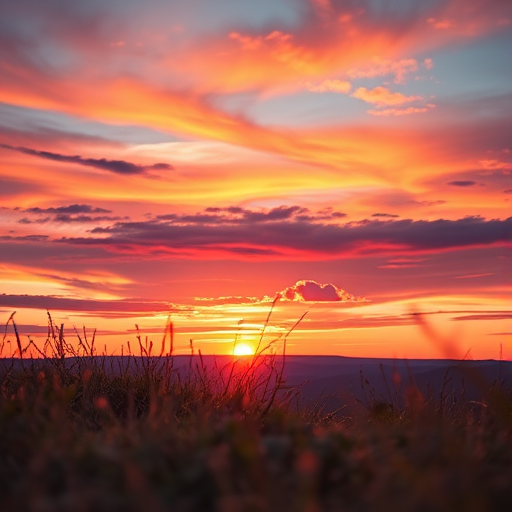 Create a high-resolution image of a serene landscape at sunset with vibrant colors, using a Canon EOS R5 camera, 35mm lens, aperture f/2.8, ISO 100, and a low-angle perspective to enhance foreground details and depth.