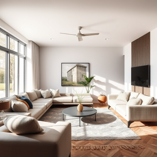 interior living room design modern minimalist style bright natural lighting wide-angle lens 24mm f/8 ISO 100 high dynamic range photography