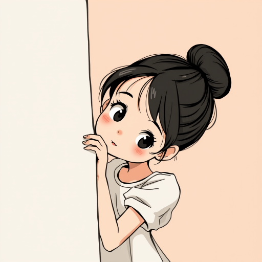 Illustration of a girl with a bun hairstyle, wearing a short-sleeved dress, peeking around a vertical edge with a curious expression, minimalist background in a soft peach color, shot in digital illustration style, 300 DPI for high quality, using a Canon EOS 5D Mark IV with a 50mm lens at f/1.8.