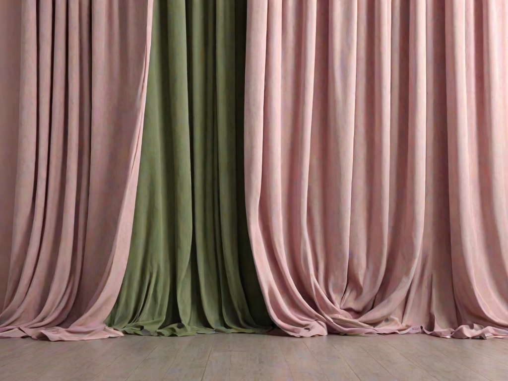 create a realistic render of a silver curtain hanging with neat folds against a background divided into soft pink and olive green sections