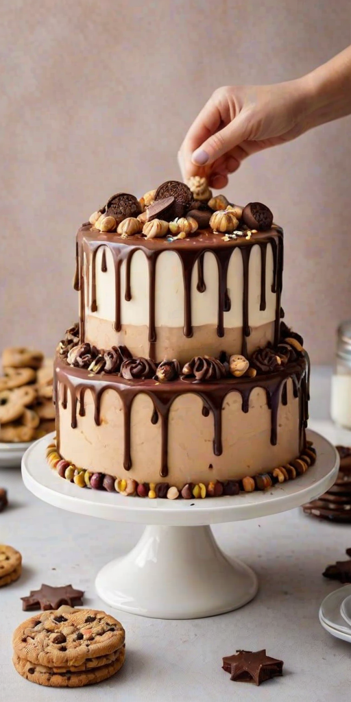 Create an image of a tall, layered cake covered in smooth cream frosting. The cake should have a glossy chocolate drip cascading down the sides. At the top, there are decorative swirls of frosting and several cookies arranged aesthetically. A hand is gently placing a cookie on top, and there are cookie crumbs scattered around the base. The background is neutral and softly blurred to keep the focus on the cake.
