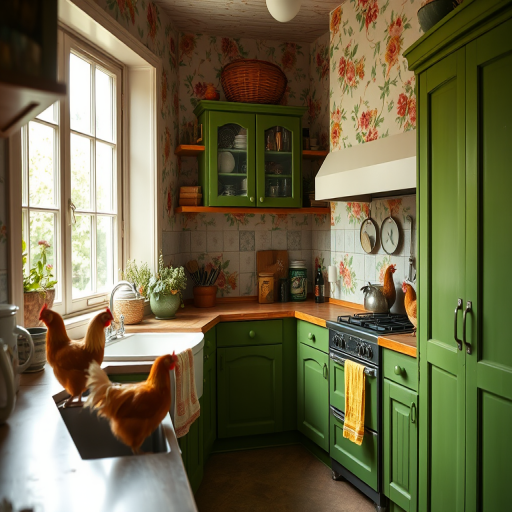 A cozy rustic kitchen with green cabinets and floral wallpaper featuring chickens and a sunny window view, soft natural lighting, DSLR camera, f/4 aperture, ISO 200, 35mm lens, shot at eye level for a warm and inviting atmosphere.