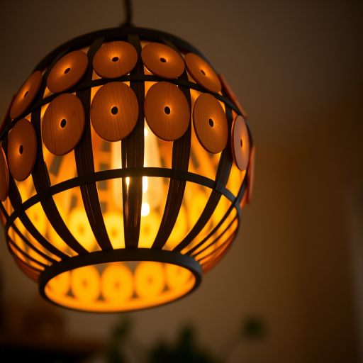 Generate an image of a decorative pendant light fixture with wooden circular slats, illuminated with a warm glow, taken with a DSLR camera at f/2.8 aperture, ISO 100, shutter speed 1/60s, in a close-up view with a soft focus background for a cozy ambiance.