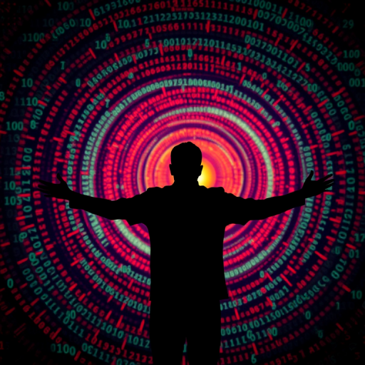 Create an abstract digital art image featuring a silhouette of a person with arms outstretched against a background of swirling binary code, using a Canon EOS R5 with an aperture of f/8, ISO 100, and a 24mm lens for a sharp and detailed view, in a vibrant and futuristic color palette.
